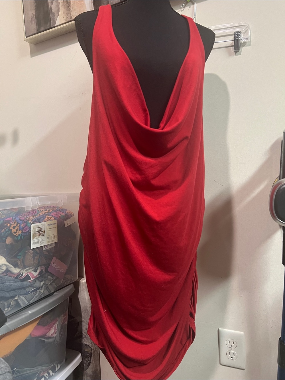 Red Cowl-Neck Midi Dress with Draped Hem